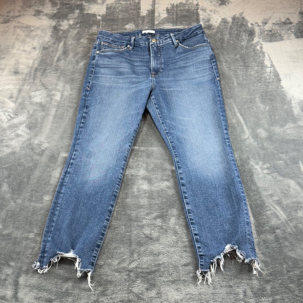 Good American Good Legs Crop Jeans Size 10/30 Blue Medium Wash Chewed Hem